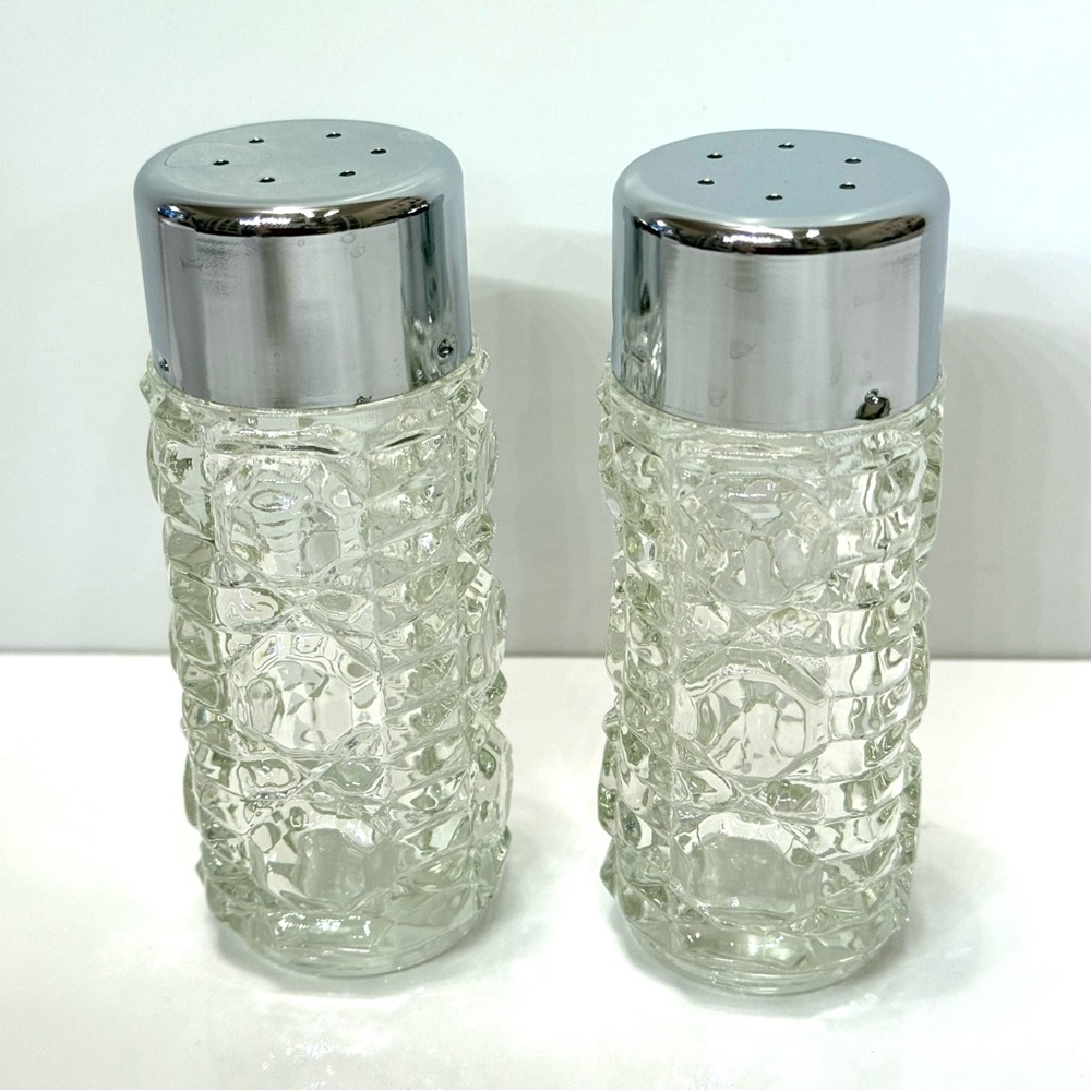 Vintage Salt & Pepper Shakers – Textured Pressed Glass – Button & Cane Inspired